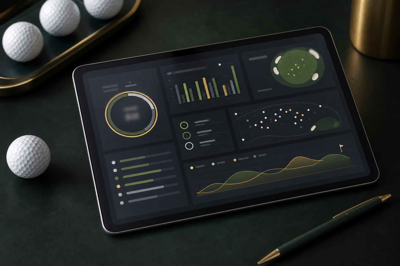 Golf analytics dashboard displayed on a tablet