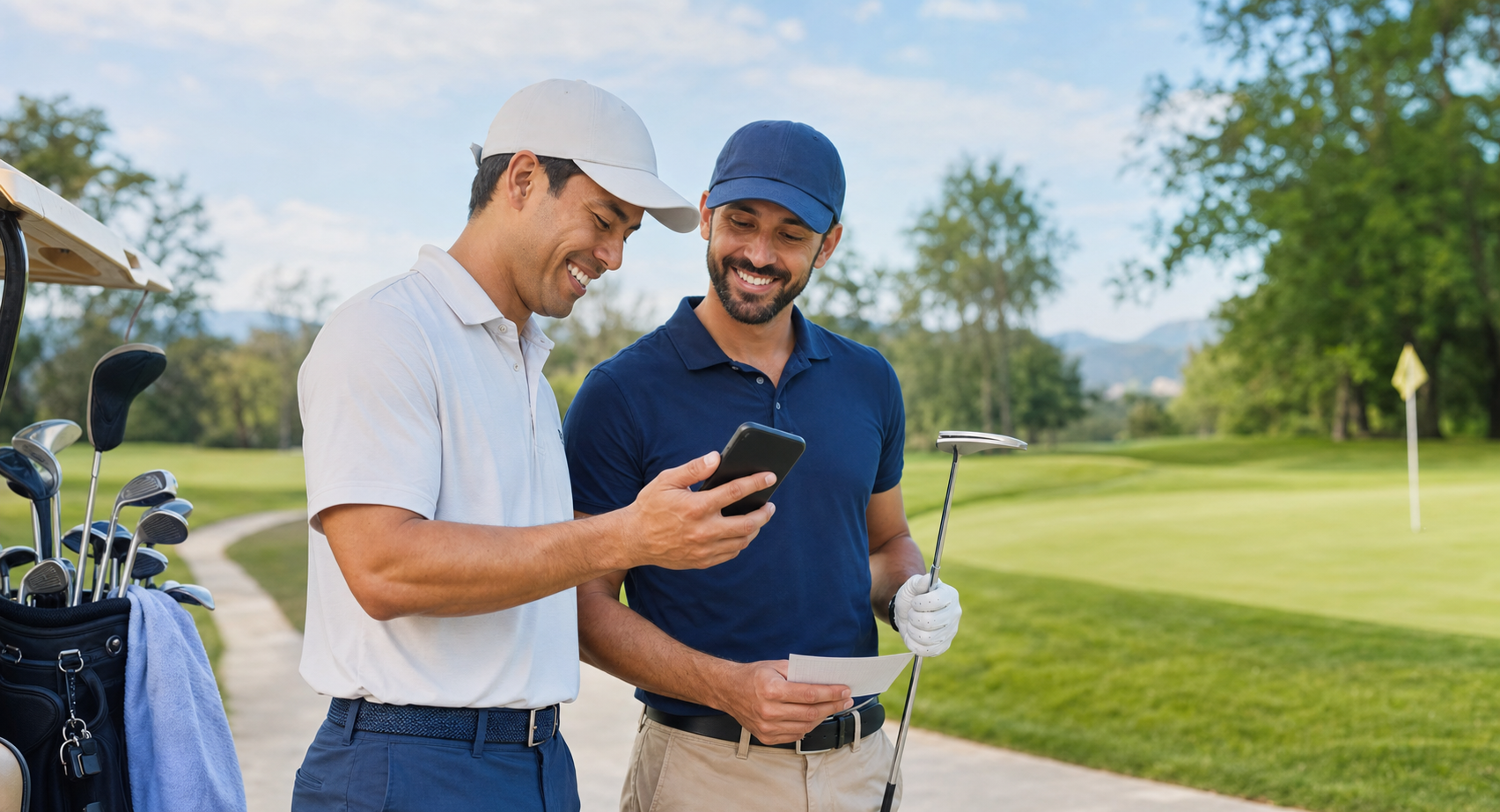Two golfers reviewing a phone beside a putting green