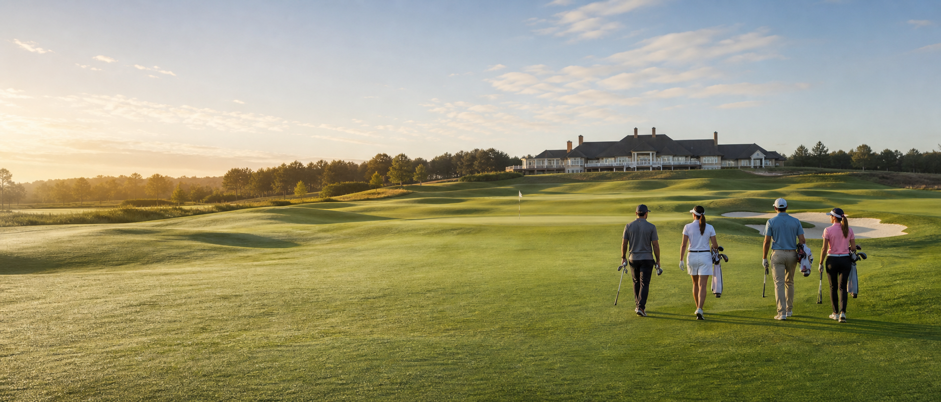 Golfers walking a sunlit fairway at sunrise